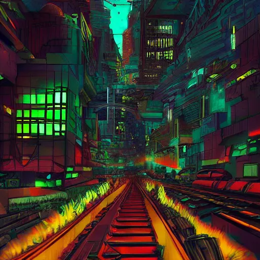 Prompt: a futuristic post - apocalyptic subway city of latinamerican type with neon lights artstation, illustration