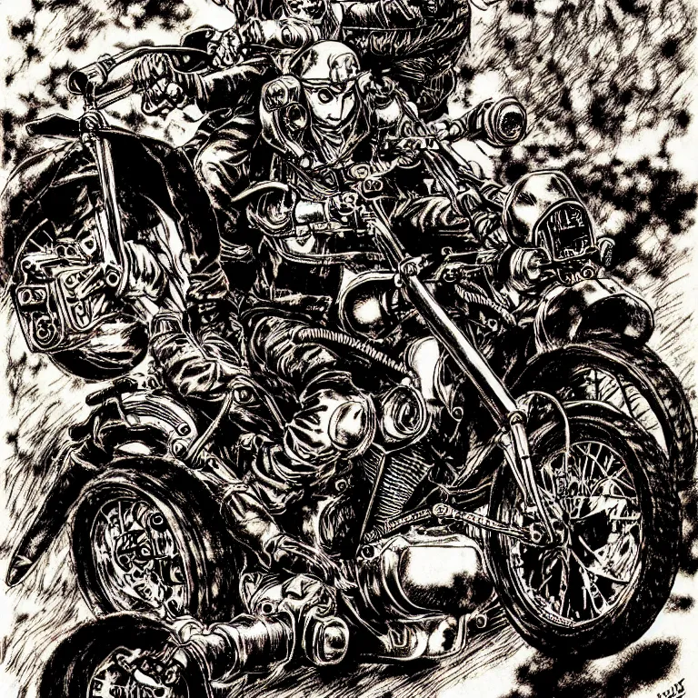 Image similar to motorbiker from hell, manga style of kentaro miura, by norman rockwell, weirdcore
