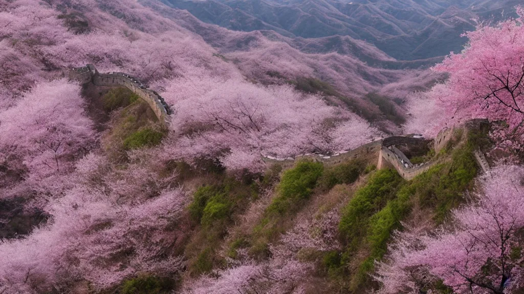 Image similar to arial view of pink cherry blossom trees growing in the great wall of china, andreas achenbach, artgerm, mikko lagerstedt, zack snyder, tokujin yoshioka