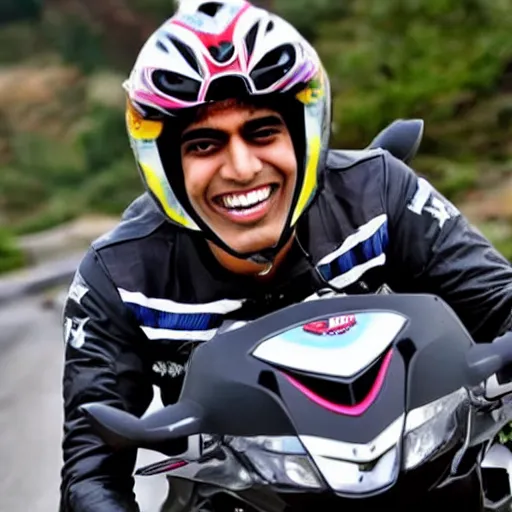 Image similar to photo of rishi sunak on a motorcycle smiling but angry