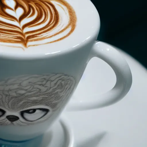 Image similar to a closeup photorealistic photograph of barista drawing bichon frise shaped latte art in a cup. professional capture, well lit shot. this 4 k hd image is trending on artstation, featured on behance, well - rendered, extra crisp, features intricate detail, epic composition and the style of unreal engine.