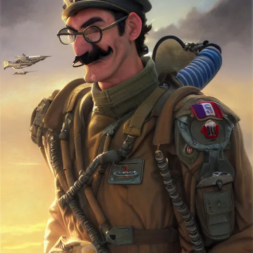 Image similar to waluigi as a combat pilot portrait, detailed, centered, digital painting, artstation, concept art, donato giancola, joseph christian leyendecker, wlop, boris vallejo, breathtaking, 8 k resolution, extremely detailed, beautiful, establishing shot, artistic, hyperrealistic, beautiful face, octane render, cinematic lighting, dramatic lighting, masterpiece