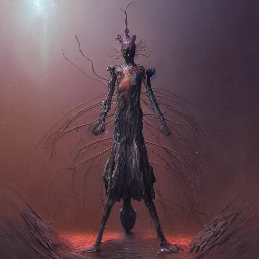 Prompt: A painting of an anthropomorphic ant queen standing on her hind legs, stars in the background, formian pathfinder, digital art 4k unsettling, Wayne Barlowe Greg Rutkowski