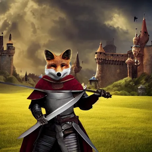 Prompt: anthropomorphic fox who is a medieval knight holding a sword towards a stormy thundercloud 1 9 3 0 s film still, fantasy castle in the background