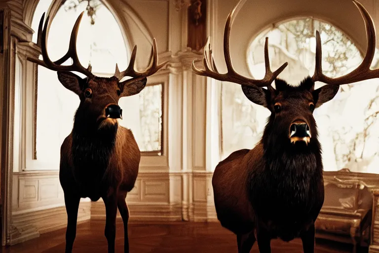 Prompt: cinematography closeup portrait of a beautiful elk in an decadent mansion foyer by Emmanuel Lubezki