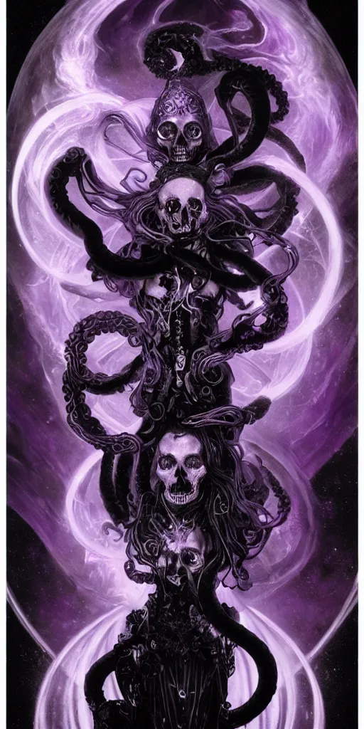 Image similar to intense glowing black metal pagan god with tentacles and intense black eyes with a skull in very dark purple cosmic space nebula by karol bak and alphonse mucha and artgerm, portrait, fantasy, clear, light beams, lens flare, soft, uhd, amazing depth, cinematic lighting, violet and magenta and black and white and metallic silver