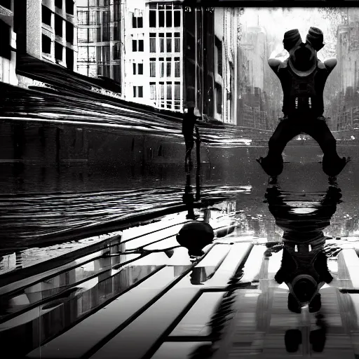 Image similar to a highly detailed epic cinematic black and white cyberpunk painting artwork inspired by Henri Cartier-Bresson's Behind Gare Saint-Lazare, man jumping over a puddle of water. World Press Photo winner, enhanced and corrected in Photoshop, octane render, excellent composition, cinematic atmosphere, dynamic dramatic cinematic lighting, aesthetic, very inspirational, arthouse