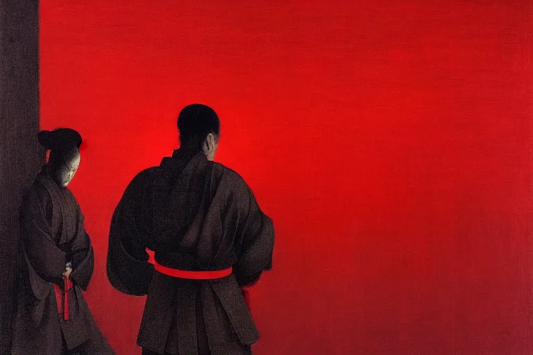 Image similar to only with red, a red samurai do seppuku, tokio, a lot of frogs watch, in the style of beksinski, parts by edward hopper, parts by rodcenko, parts by yue minjun, intricate and epic composition, red by caravaggio, insanely quality, highly detailed, masterpiece, red light, artstation, 4 k