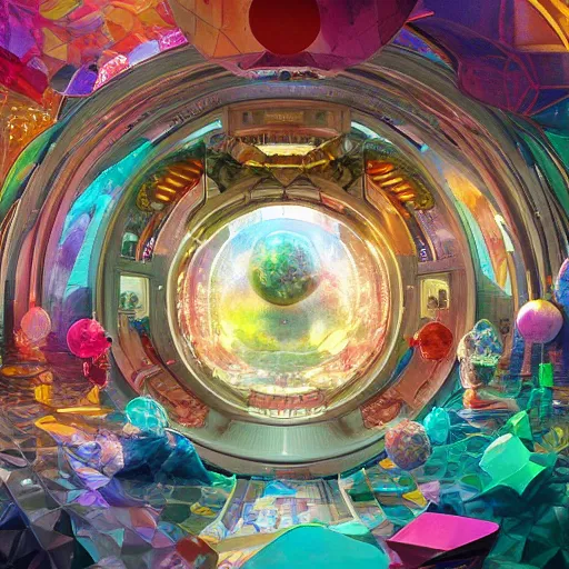 Prompt: inside a sphere with colorful walls made of faceted crystals, interconnected, 360 degree view, dynamic lighting, 4k, HQ, hyper realistic, octane render, colorful, vibrant, cinematic, amazing details, by james jean, brian froud, ross tran, alphonse mucha