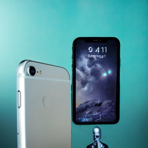 Image similar to promotional photograph for an iphone made in 2 0 4 0, award - winning photograph, studio lighting, advertisement, 4 k quality, 8 k quality, futuristic!!!! design!!!!! high detail