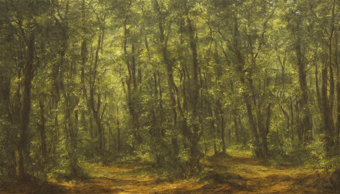 Image similar to a clearing in a forest painted by John Shroades