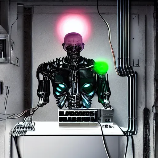 Prompt: photorealistic torso of a terminator with borg implants and a human face is hanging from cables and wires off the ceiling of an futuristic abandoned computer room and plugged into a quantum computer that's visible in the background. bottom half of the terminator's body is missing with cables sticking out. The Terminator is taking a sip from a cup of coffee. Tiny green led lights in the terminator's cybernetics. very detailed 8k. Cyberpunk horror style.