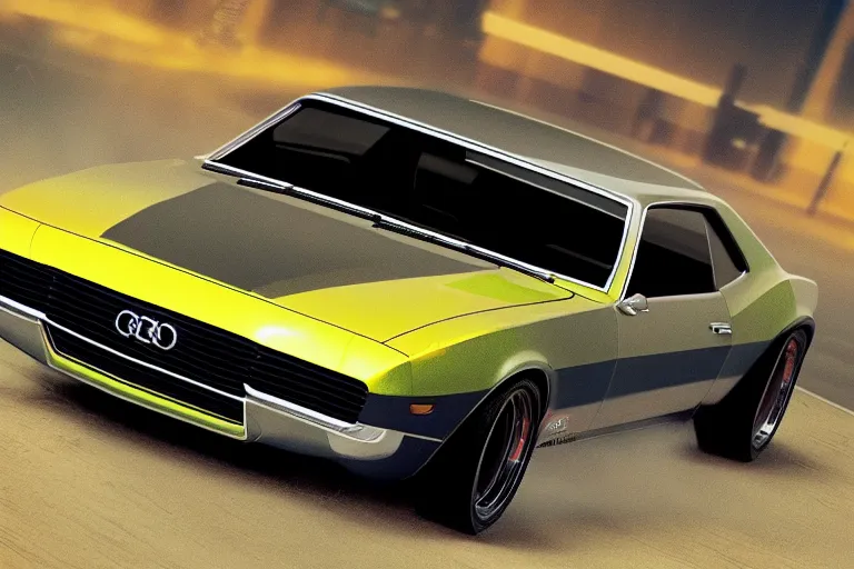 Image similar to audi camaro b 1 ( 1 9 6 9 ) drifting, need for speed : carbon, neon lines, japanese temple multistorey car park, ultra phonk, phonk music background, smoke behind wheels, noise, dark, establishing shot