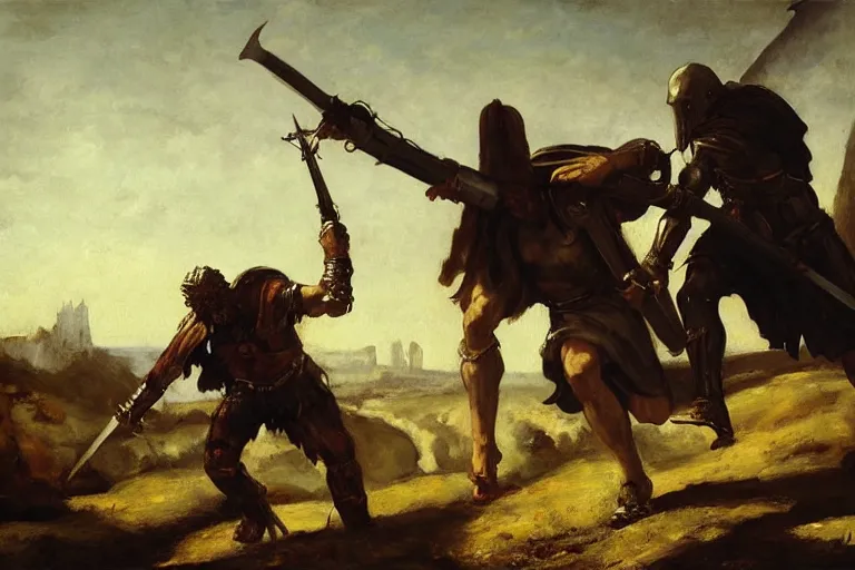 Prompt: landscape, realistic painting image about a templar knight has a mechanical arm, carrying a fire sword, versus a zombie mutant. dramatic scene, realism, created by gustave courbet and michaelangelo, trending in artstation, fine art, smooth draw with oil painting.