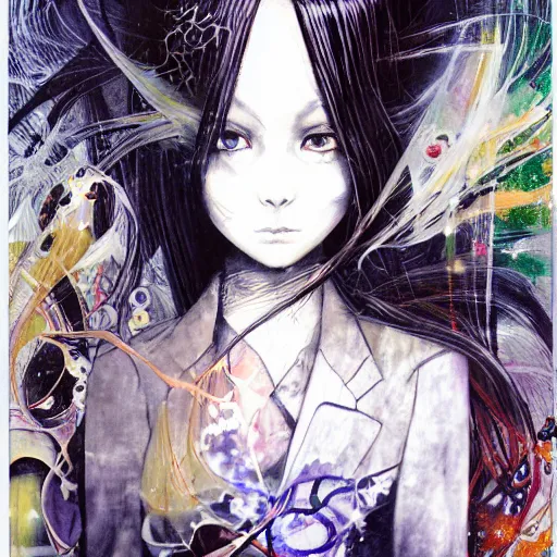 Image similar to yoshitaka amano realistic illustration of a sinister anime girl with black eyes and long wavy white hair wearing dress suit with tie and surrounded by abstract junji ito style patterns in the background, blurry and dreamy illustration, noisy film grain effect, highly detailed, oil painting with expressive brush strokes, weird portrait angle