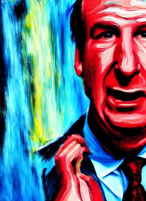 Prompt: saul goodman, screaming, multimedia painting by david lynch,'action lines '!!!, graphic style, visible brushstrokes, motion blur, blurry