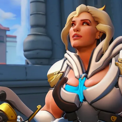 Image similar to a screenshot of arnold schwarzenegger as mercy in overwatch