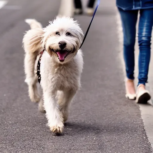 Prompt: high quality photo of a bipedal dog walking down the street, artistic