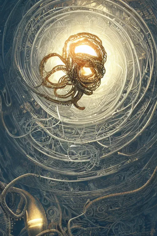 Image similar to an immaculate render of a metallic spiral made of old modular robot parts spawning cables and bird wings floating in a temple surrounded by wild tentacles made from mandalas and incense smoke, powerful, cinematic, beautifully lit, by craig mullins, by galan pang, 3 d, trending on artstation, octane render, 8 k