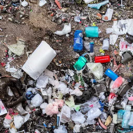 Image similar to lumpy dirty styrofoam garbage dump next to a broken mannequin, sigarette buds, wet newspaper, magazines, dirty water puddle, 8k