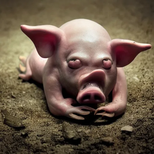 Image similar to a highly detailed realistic photographic render of a stillborn humanoid pig, swine infant, creepy, horror, horror scene, cinematic horror, creepy horror, scary scene, cinematic lighting, cinematic scene, Volumetric lighting, Atmospheric scene, Dark, Horror, Atmospheric lighting, Global illumination, realistic, photo realism, hyper realistic, hyper realism, photo realisitc, cinematic render, film, beautifully lit, ray traced, octane 3D render, octane render, unreal engine