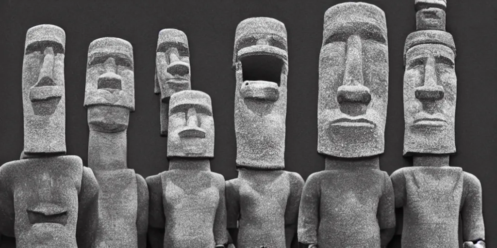 Image similar to charcoal drawing of easter island heads in the shape of lego people