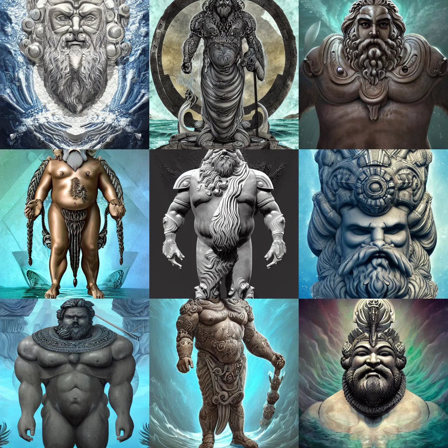 Prompt: fat greek god poseidon with white beard in ancient alien flora and fauna ocean sci-fi armor with ancient geometric decor, giger style, stylized, highly detailed, trending on artstation, award winning