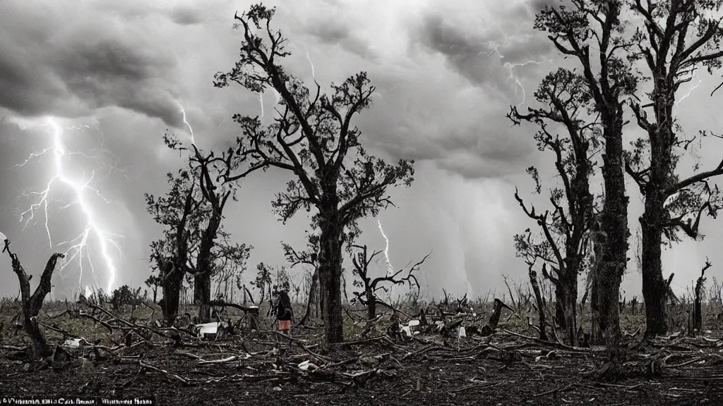 Image similar to a vision of climate change catastrophe, dark clouds, lightning, tornado, hails, hurricane winds, floods, as seen by a couple having picnic in a park with a forest of dead trees, moody, dark and eerie large-format photography