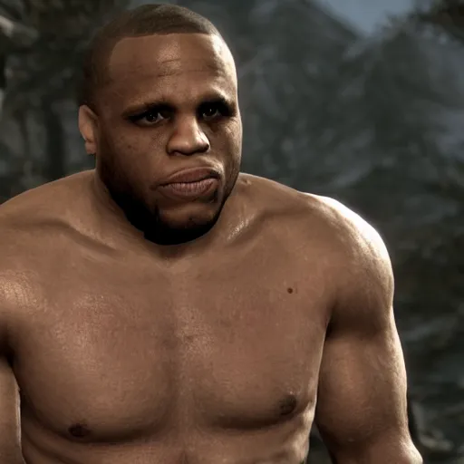 Image similar to character screenshot of ufc commentator daniel cormier dc in skyrim, npc talking, wilderness, 1 0 8 0 p, bokeh, elder scrolls v, detailed, dialog text