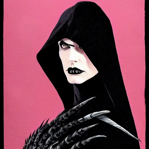 Prompt: portrait soft light, goth woman as mysterious supervillain in black hooded cloak and modestly clothed victorian goth, black feathers instead of hair, black wings instead of arms, gray mottled skin, black feathers growing out of skin, transforming, by frank mccarthy and conrad roset, inspired by flash gordon, paintbrush, rough paper, fine,