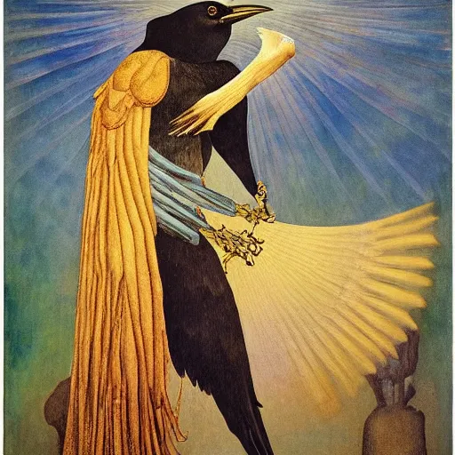 Prompt: portrait of a crow wearing a crown, by Diego Rivera and Annie Swynnerton and Maxfield Parrish, symbolist, dramatic lighting, embroidered brocade robes, god rays, rich colors,smooth, sharp focus, extremely detailed