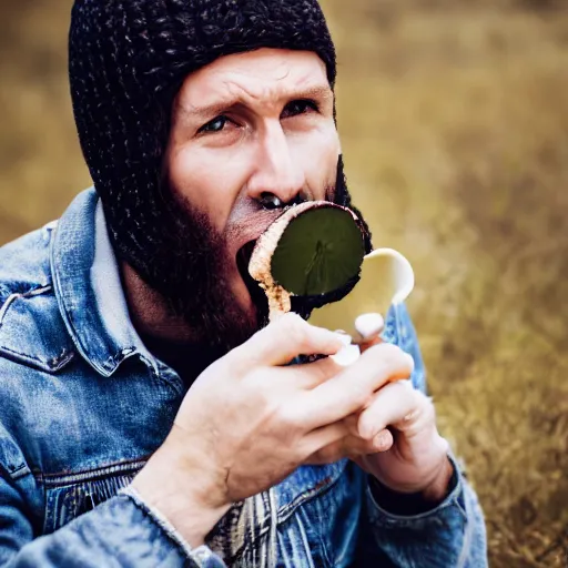 Prompt: stock photo of man eating own hat, funny, professional photography, high definition, 8k resolution