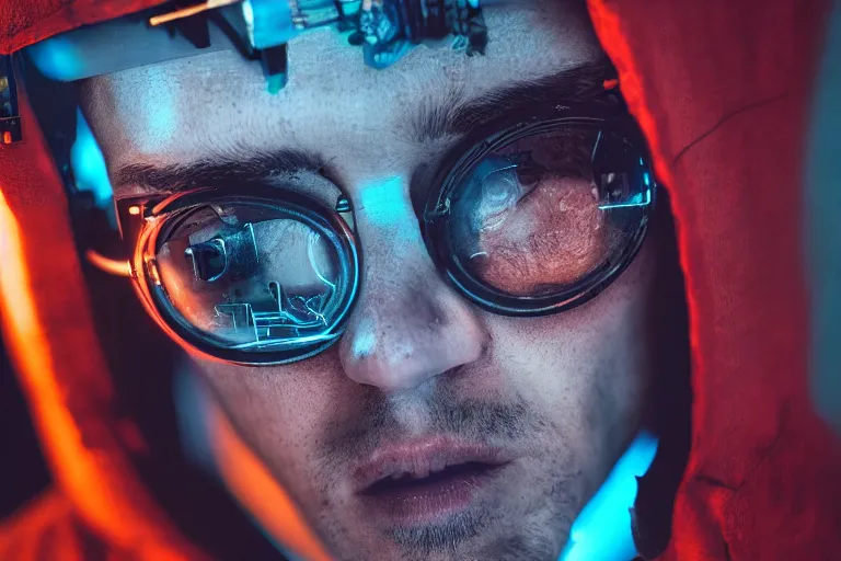 Image similar to cyberpunk hacker closeup portrait in high tech compound by Emmanuel Lubezki