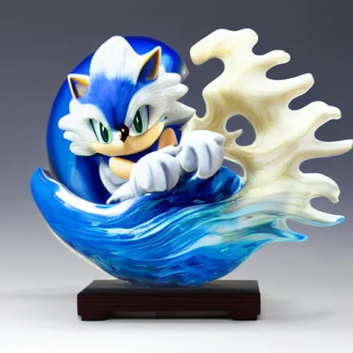 Prompt: a blown glass sculpture of a sonic the hedgehog on a table in the style of the great wave off kanagawa