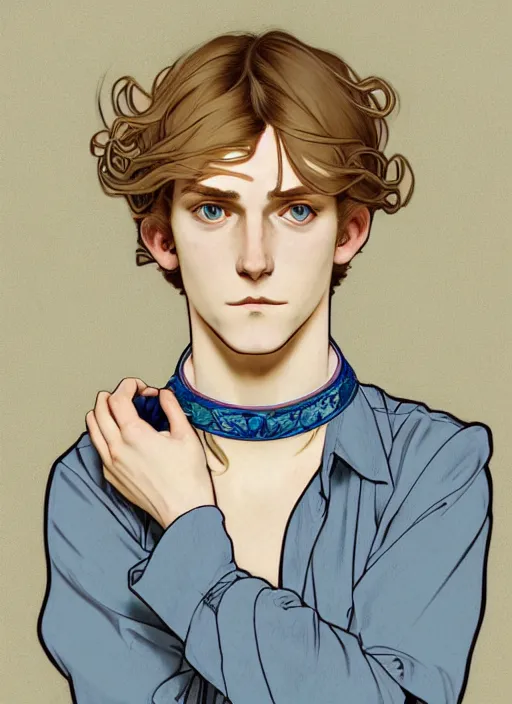 Image similar to art nouveau portrait of a pretty young man with short light brown straw blond hair, light blue eyes, sad expression, scared, head down, shy and demure, wearing a choker collar, natural lighting, path traced, highly detailed, high quality, cartoon, digital painting, by don bluth and ross tran and studio ghibli and alphonse mucha