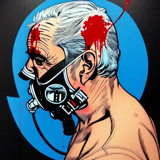 Image similar to a profile photo of an old man with a diving oxygen mask with side profile blood in ocean intricate details by MARVEL comics and Sandra Chevrier-C