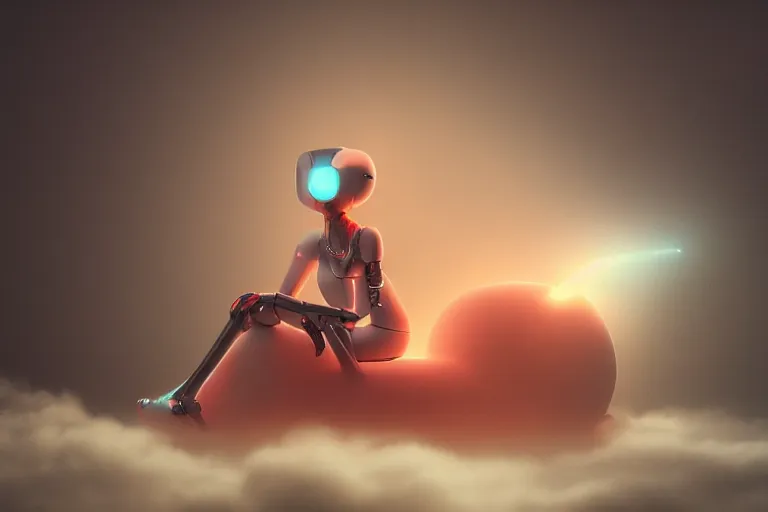 Image similar to a cute robot girl sitting on a cloud relaxing, misty, digital art, hazy, foggy, red lighting, ambient lighting, 8 k,