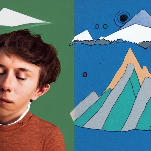 Prompt: boy with his eyes closed, drawing pictures on a notebook, a collage painting, in the style of wes anderson, mountains in the background, octane render