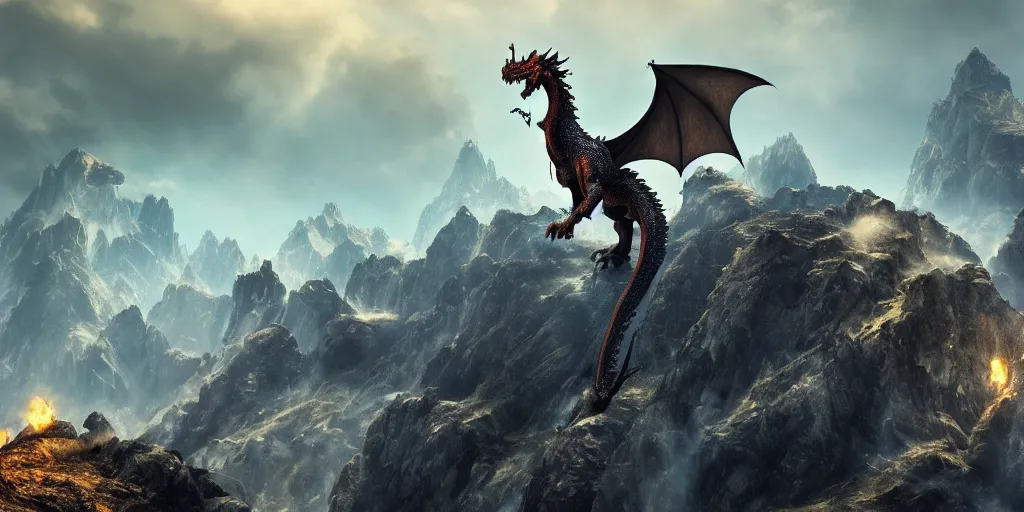 Prompt: A dragon breathing fire on the top of a mountain, epic composition, detailed and intricate image, cinematic