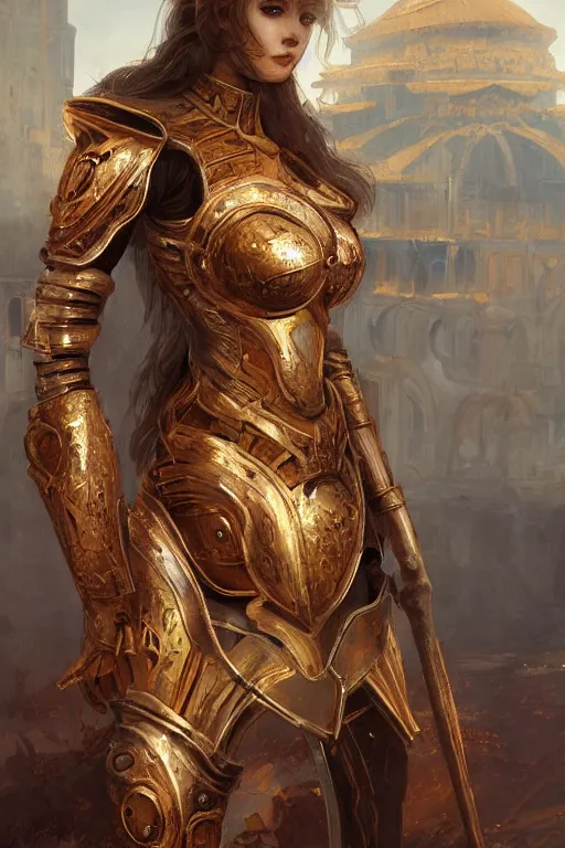 Image similar to portrait knights of Zodiac girl, golden and copper reflected armor, in ruined Agora of Athens, ssci-fi, fantasy, intricate, very very beautiful, elegant, highly detailed, digital painting, artstation, concept art, smooth, sharp focus, illustration, art by WLOP and tian zi and alphonse mucha