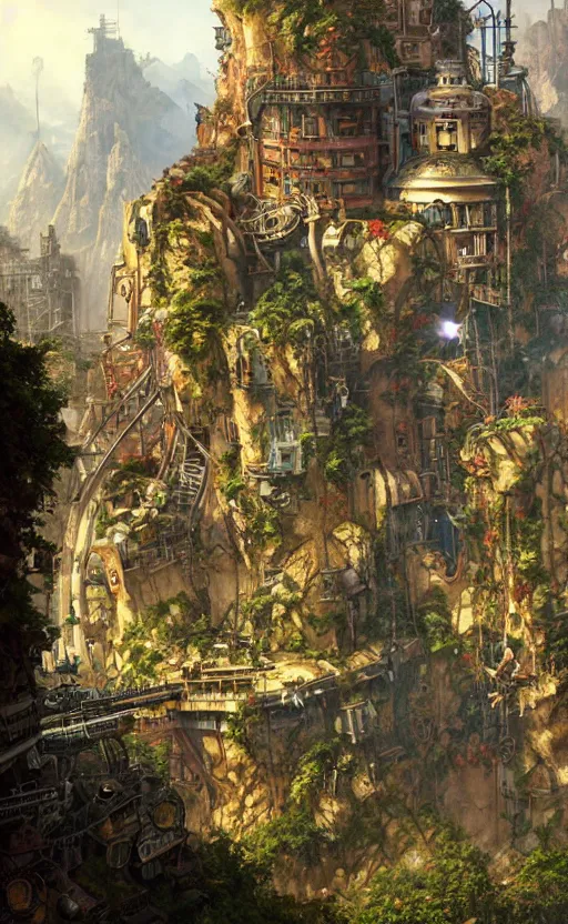 Prompt: steampunk city on a cliff, dense foliage poster art by kim jung giu and weta studio, and lucasfilm and jesper ejsing and norman rockwell greg rutkowski frank frazzeta