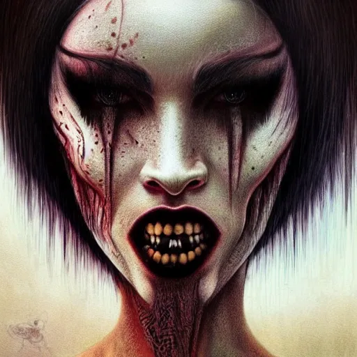 Image similar to a portrait of megan fox like demon, animalistic features in the style of zdzisław beksinski in the style of junji ito trending on artstation deviantart pinterest furaffinity detailed realistic hd 8 k high resolution