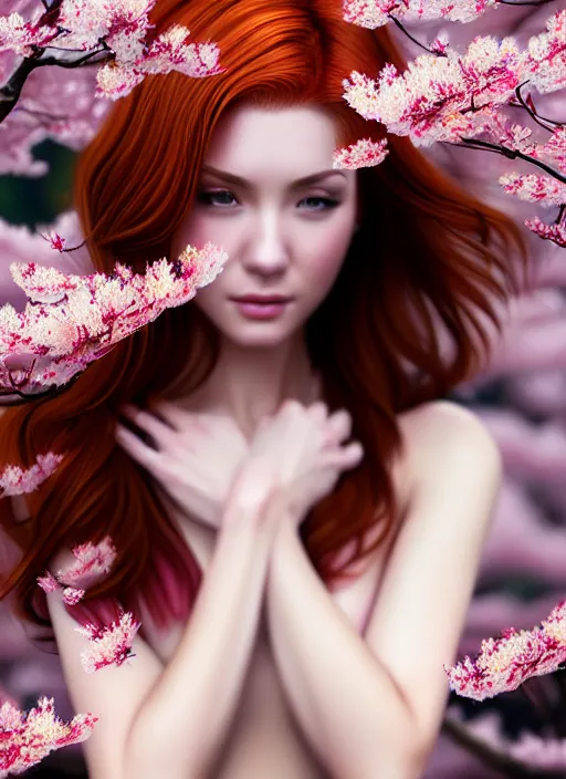 Image similar to photo of a gorgeous female with auburn hair in the style of stefan kostic, realistic, half body shot, sharp focus, 8 k high definition, insanely detailed, intricate, elegant, art by stanley lau and artgerm, extreme blur cherry blossoms background