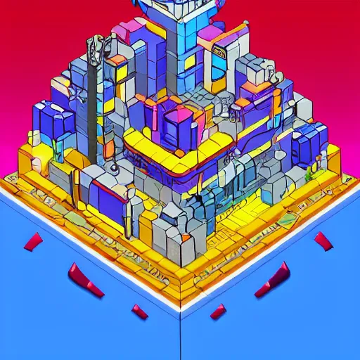 Image similar to futuristic city on a mountainside, red - yellow - blue buildings, city, q - bert blocks, colorful blocks on hillside, 3 d blocks, cel - shaded, raytracing, cel - shading, toon - shading, 2 0 0 1 anime, flcl, jet set radio future, drawn by artgerm