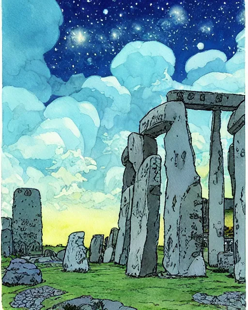 Prompt: a hyperrealist studio ghibli watercolor fantasy concept art. in the foreground is a giant grey octopus building and putting stones in to place on top of stonehenge with a starry sky. by rebecca guay, michael kaluta, charles vess