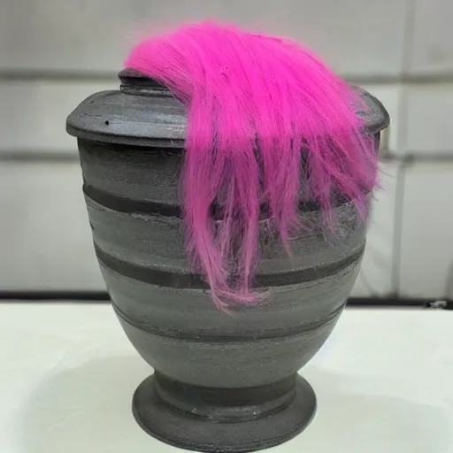 Image similar to photo of an urn with a pink punk hairdo