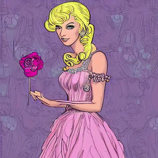 Image similar to Digital art of a princess with blonde hair and bangs, wearing a fancy pink ball dress and pearl earings, holding a pink and purple flower boquet in a light pink room by Dan Mumford and Sandra Chevrier, 4k