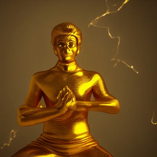 Image similar to a golden yogi man, tarot card, sharp focus, volumetric lighting, trending on artstation, 8k, by caravaggio