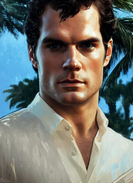 Image similar to portrait of henry cavill as james bond, key art, palm trees, vintage aston martin, highly detailed, digital painting, artstation, concept art, cinematic lighting, sharp focus, illustration, by gaston bussiere alphonse mucha