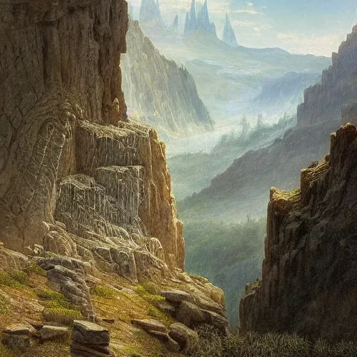 Image similar to a beautiful and highly detailed matte painting of an epic mountain range, ancient runes carved into the cliff face, intricate details, epic scale, insanely complex, 8 k, sharp focus, hyperrealism, very realistic, by caspar friedrich, james gurney, albert bierstadt,